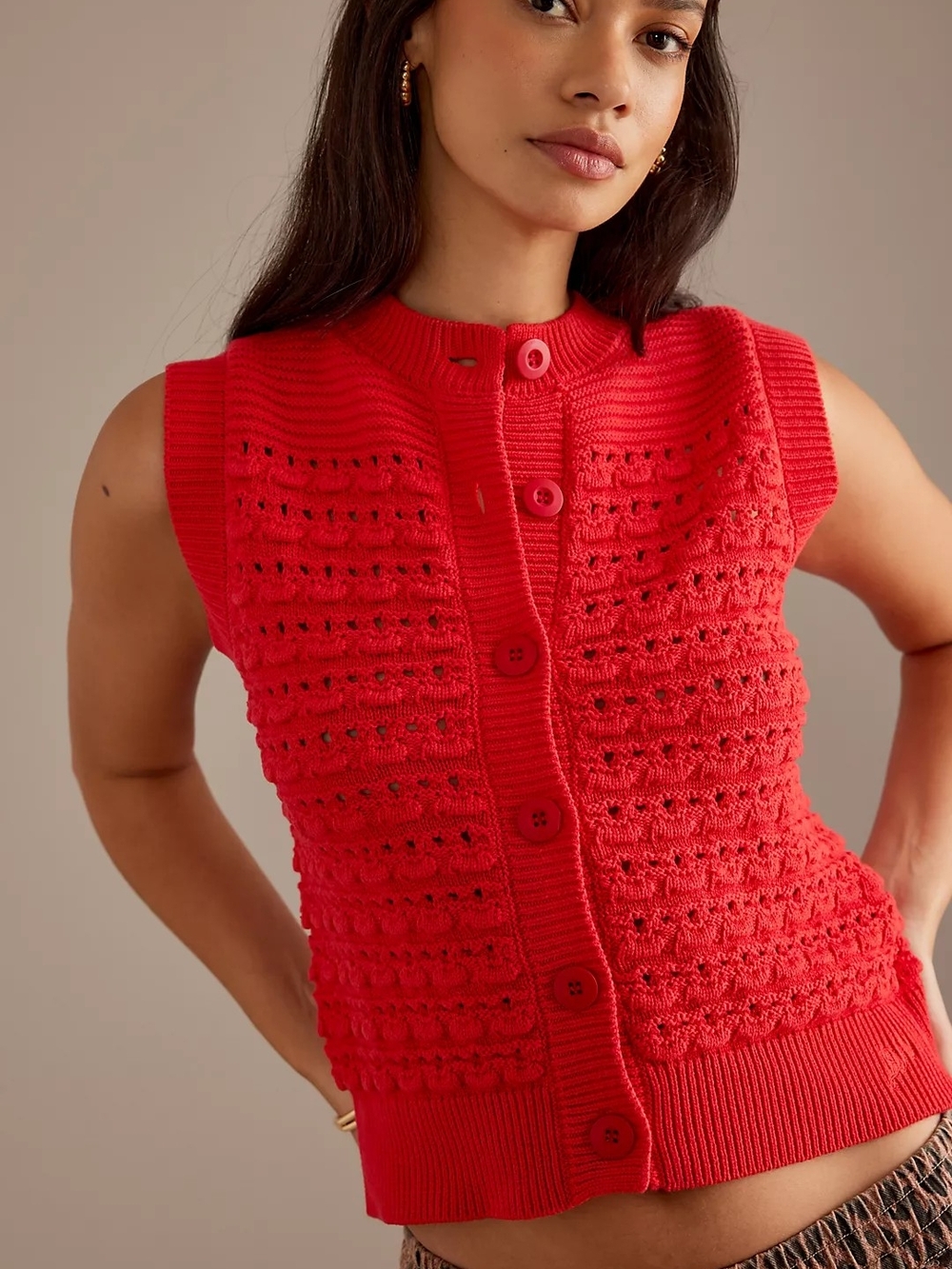 Damson Madder Aggie Red Knit Button-Front Sleeveless Cardigan Vest